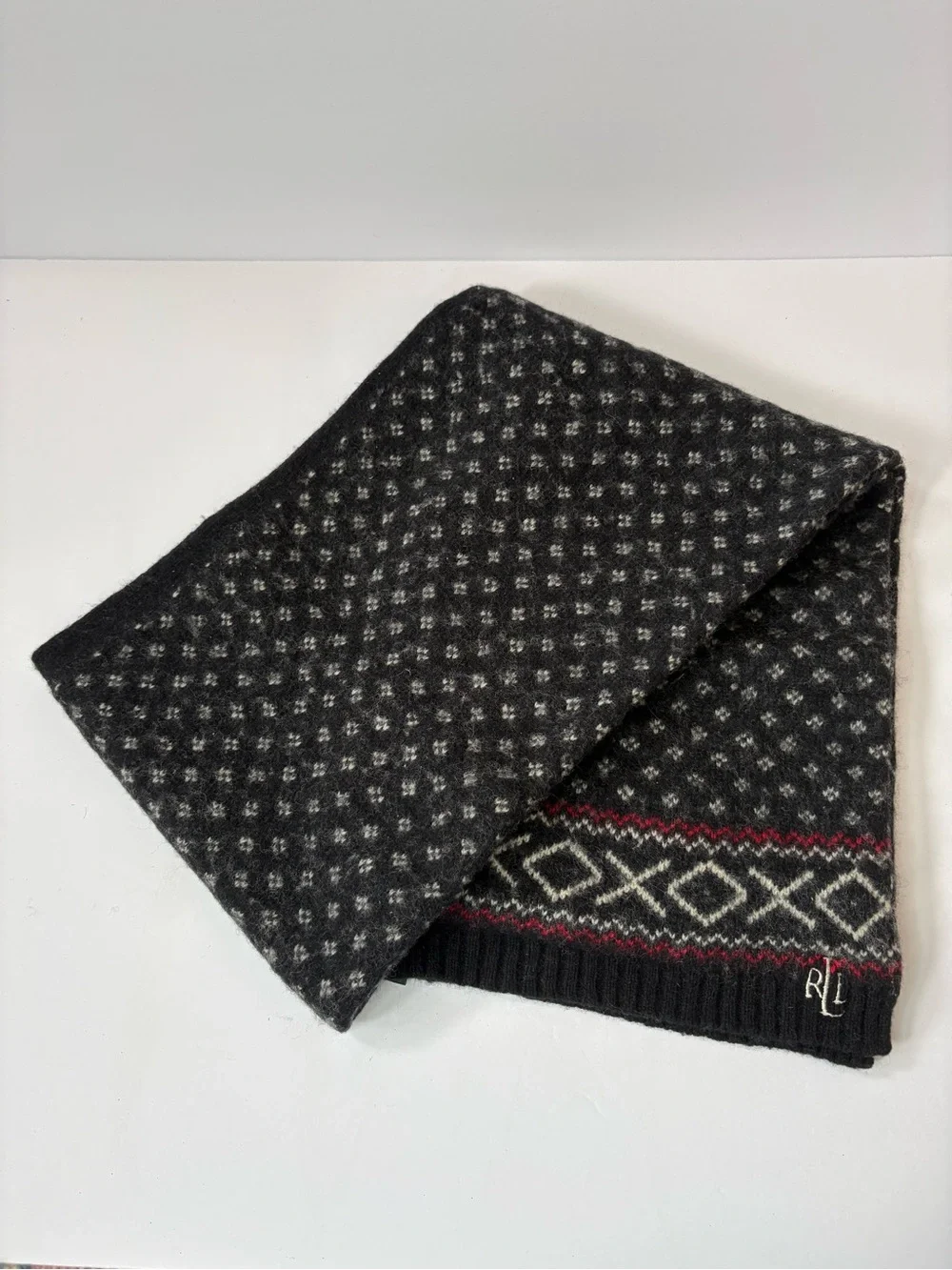 Lauren Ralph Lauren Black White Red Print Lambs Wool Blend XOXO Scarf Preppy OS